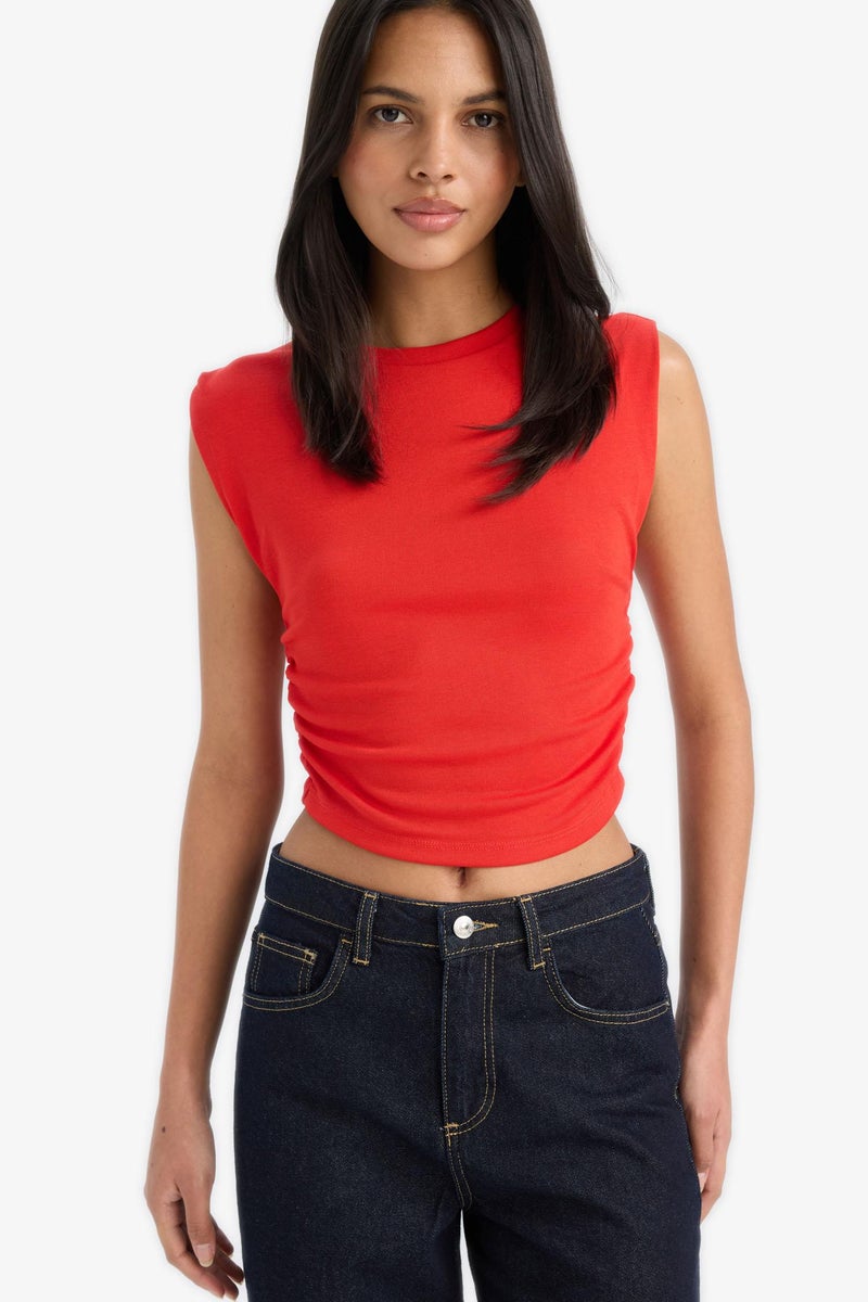 DeFacto Red Woman Slim Fit Ribana Crew Neck Tank Top Casual - Image 3